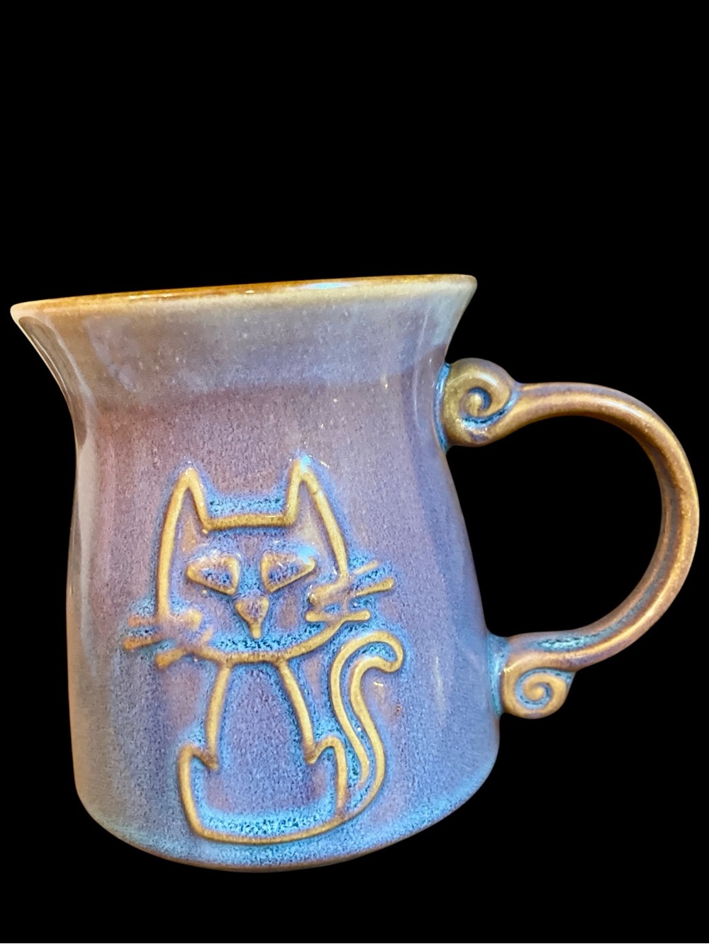 Ceramic Cat Mug in Blue-Purple Brown Glaze - Decorative Pet-Themed Drinkware
